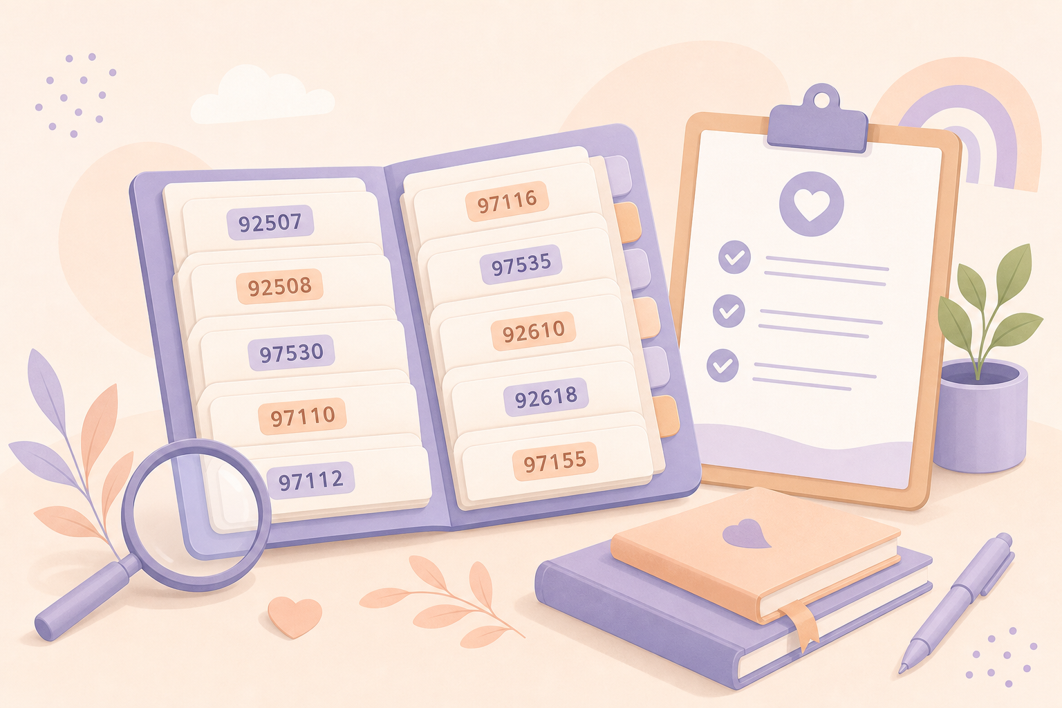 Illustrated card catalog of common pediatric therapy CPT codes