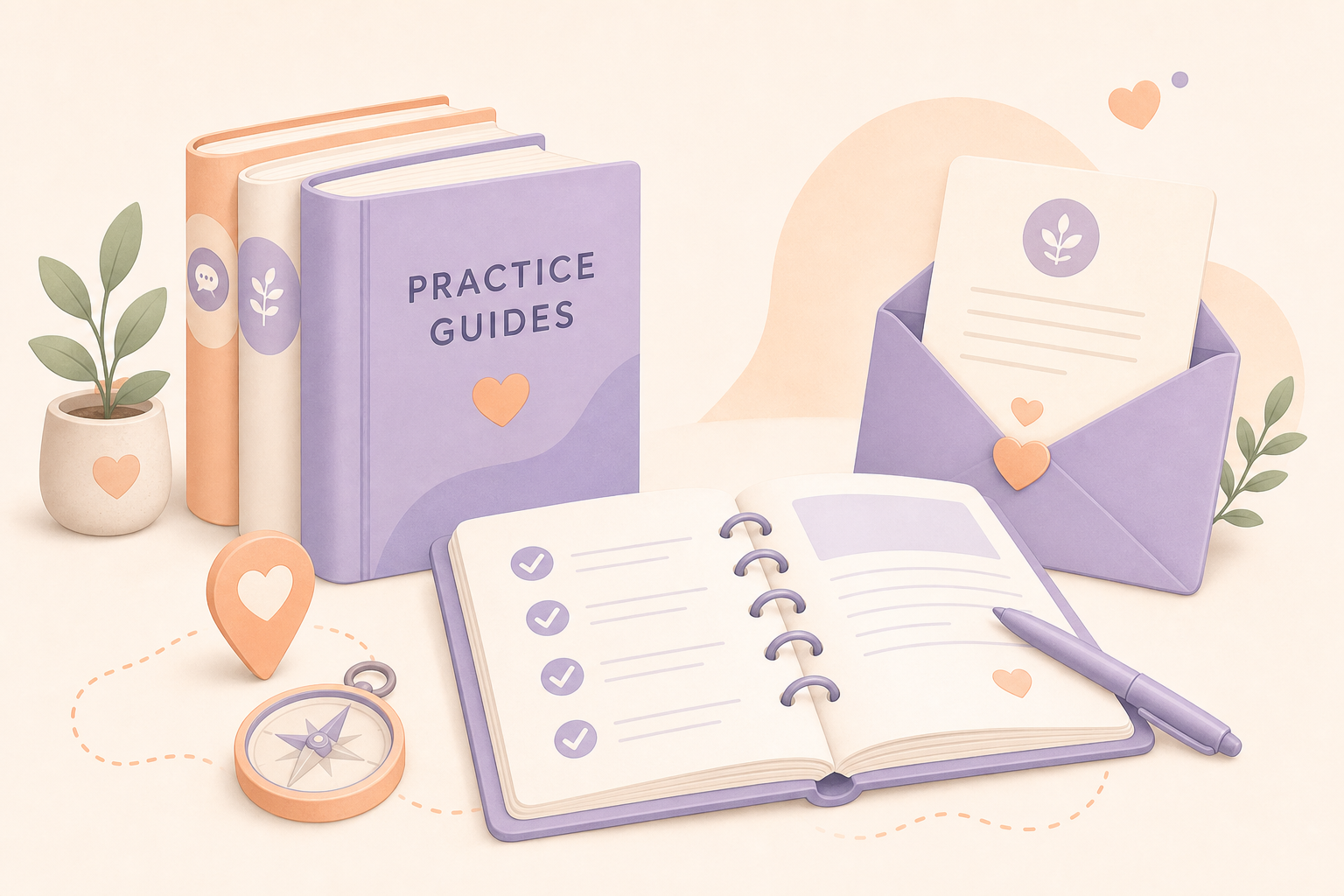 Illustrated stack of practice guides with a checklist and reimbursement letter